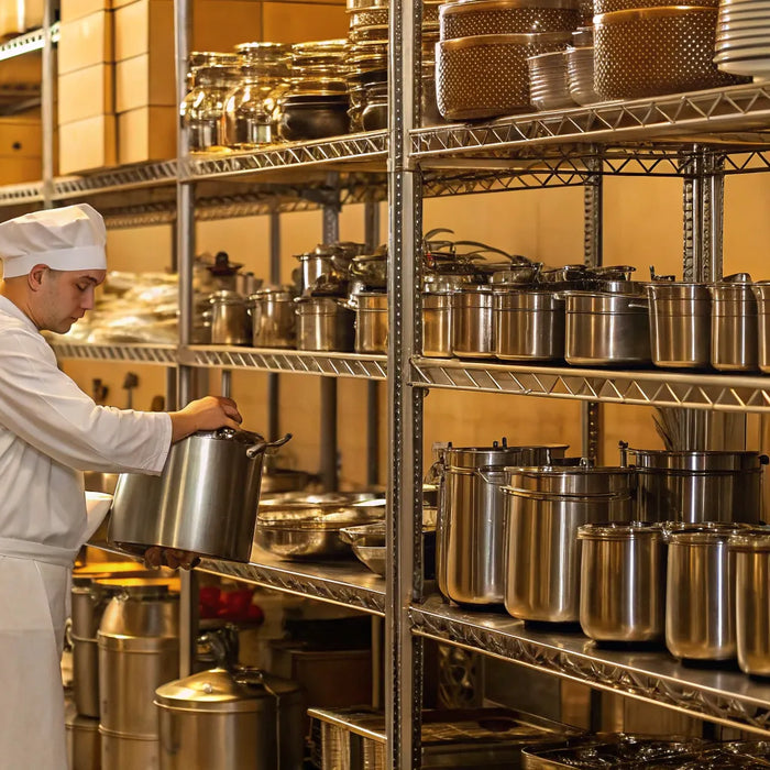 Chef organizing kitchen supplies at Bellingham Cash and Carry (CHEF'STORE).