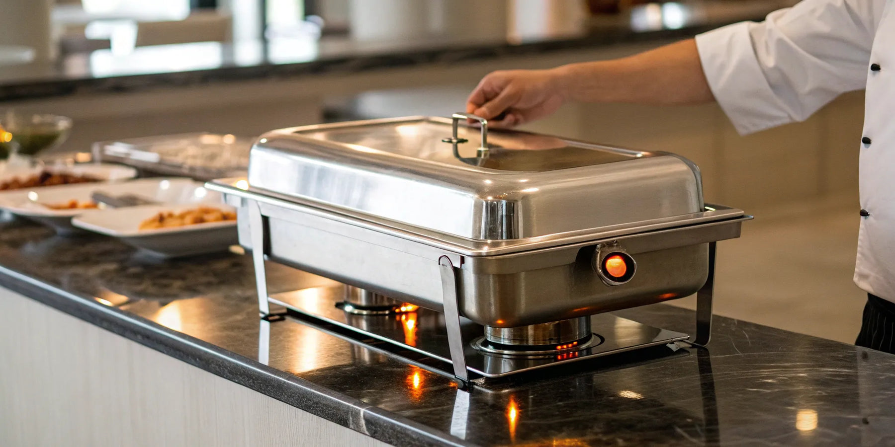 A chef lifts the lid of a countertop propane food warmer to serve hot buffet food.