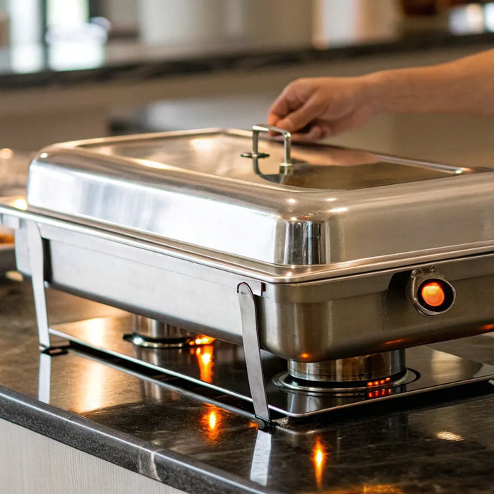 A chef lifts the lid of a countertop propane food warmer to serve hot buffet food.