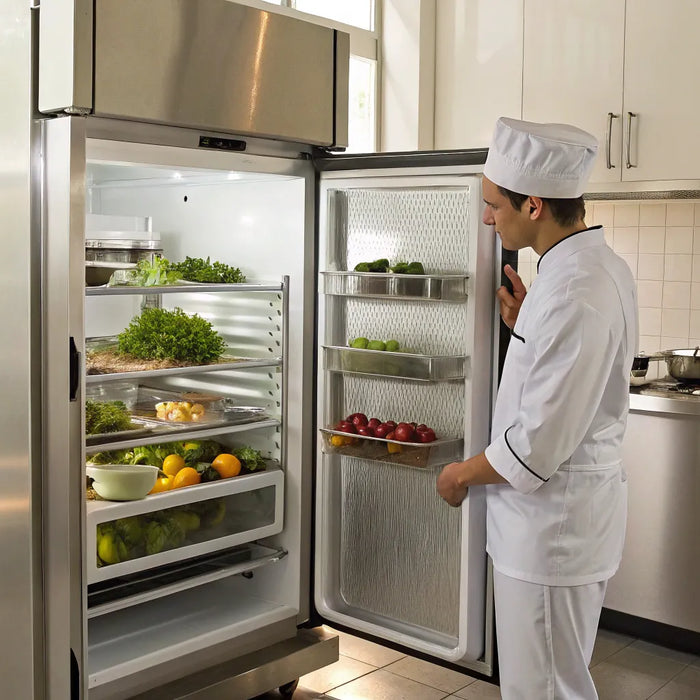 Open Hoshizaki fridge in a commercial kitchen with a chef selecting fresh ingredients.