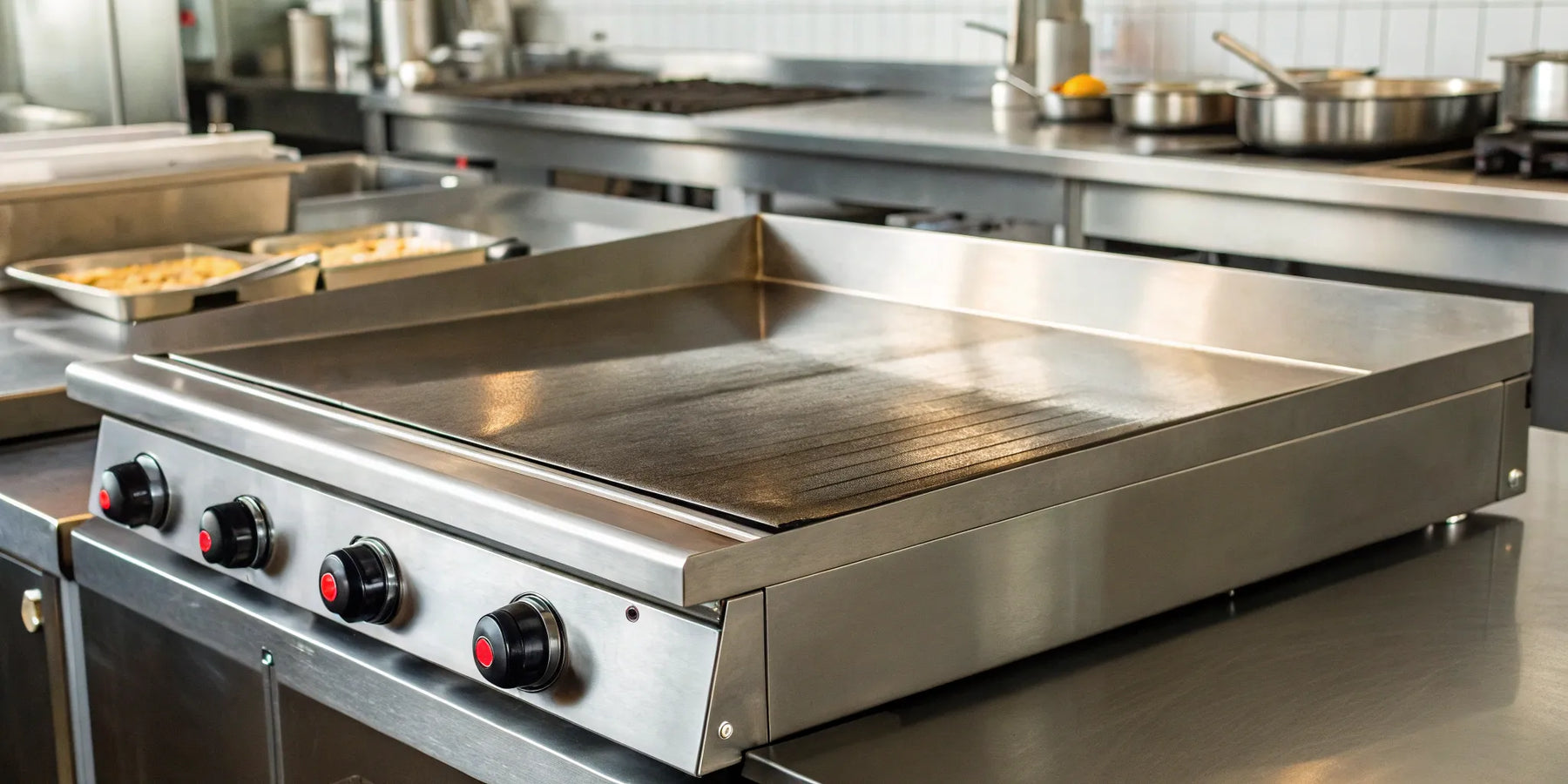 Flat top grill in a commercial restaurant kitchen.