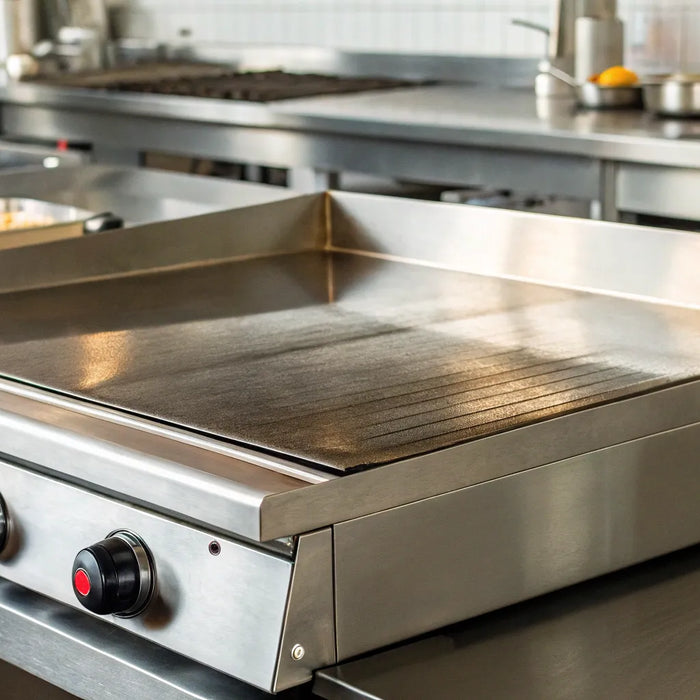 Flat top grill in a commercial restaurant kitchen.