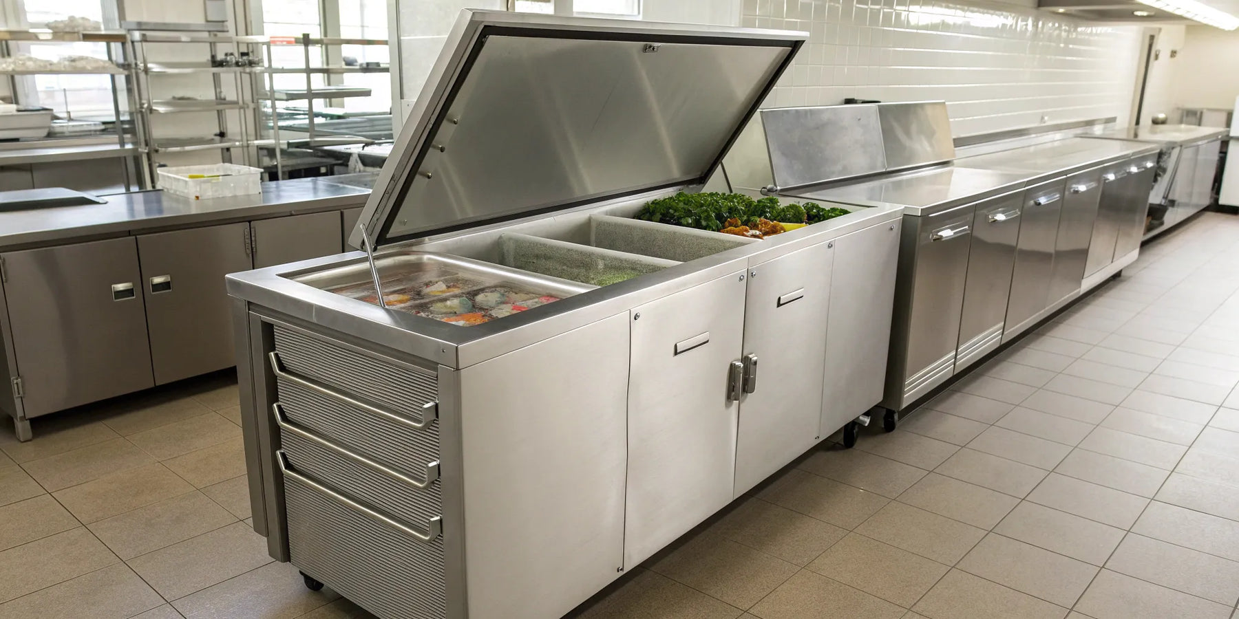 Commercial chest freezer with open lid, displaying organized frozen goods.