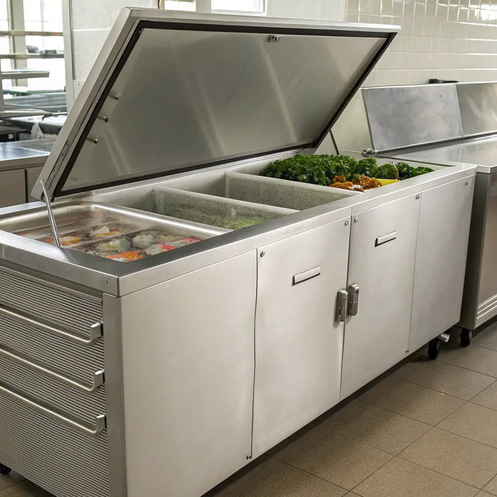 Commercial chest freezer with open lid, displaying organized frozen goods.