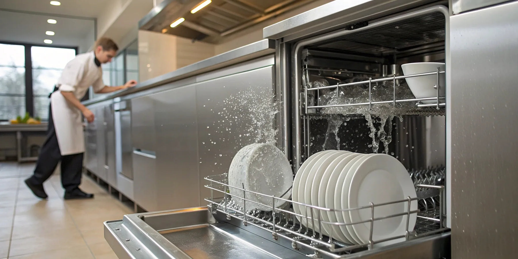 A stainless steel commercial dishwasher for sale washing dishes in a restaurant kitchen.