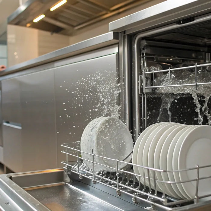 A stainless steel commercial dishwasher for sale washing dishes in a restaurant kitchen.