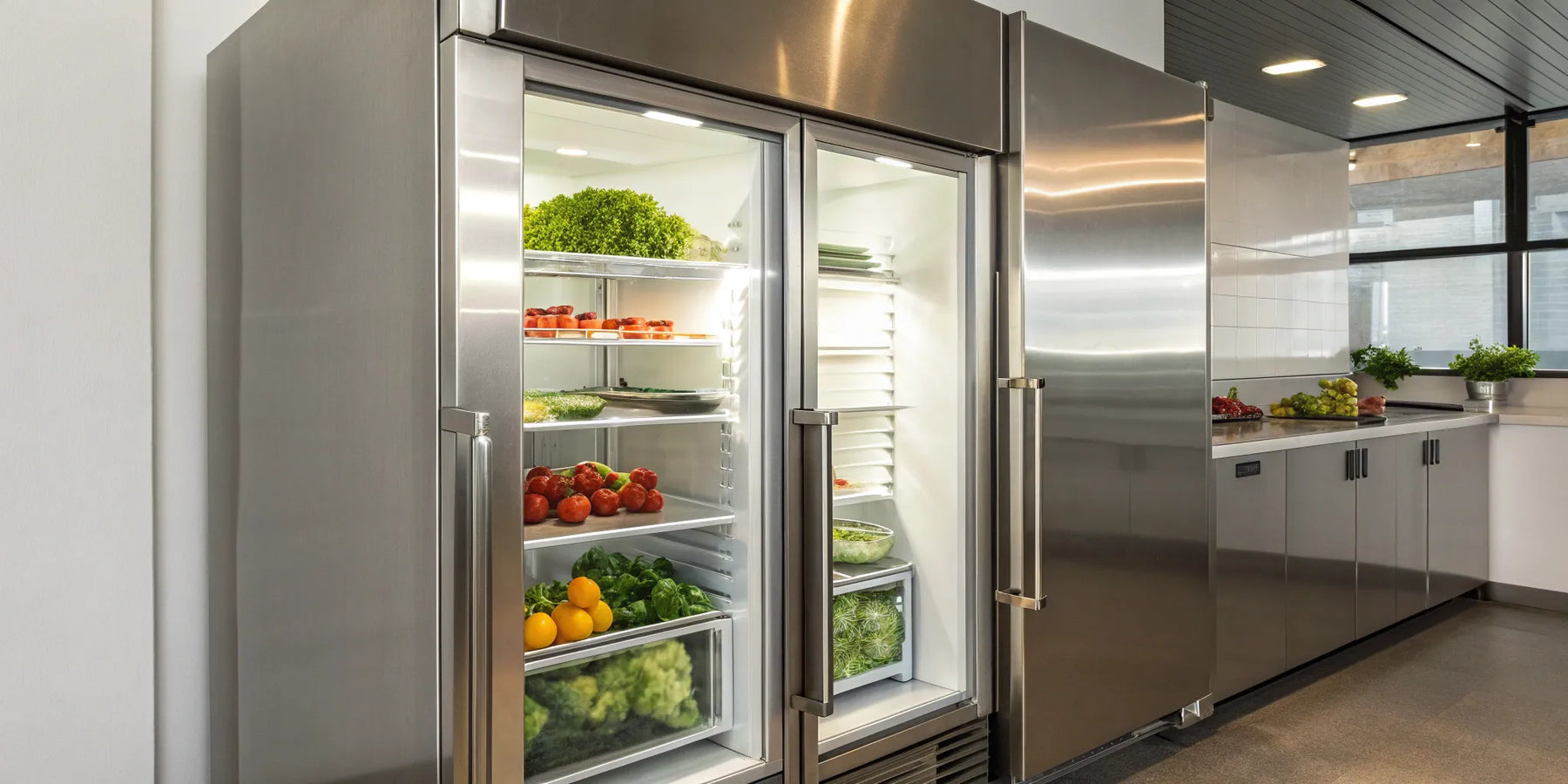 Commercial fridge with glass doors.