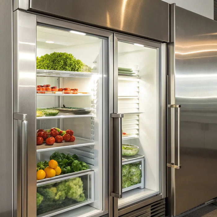 Commercial fridge with glass doors.