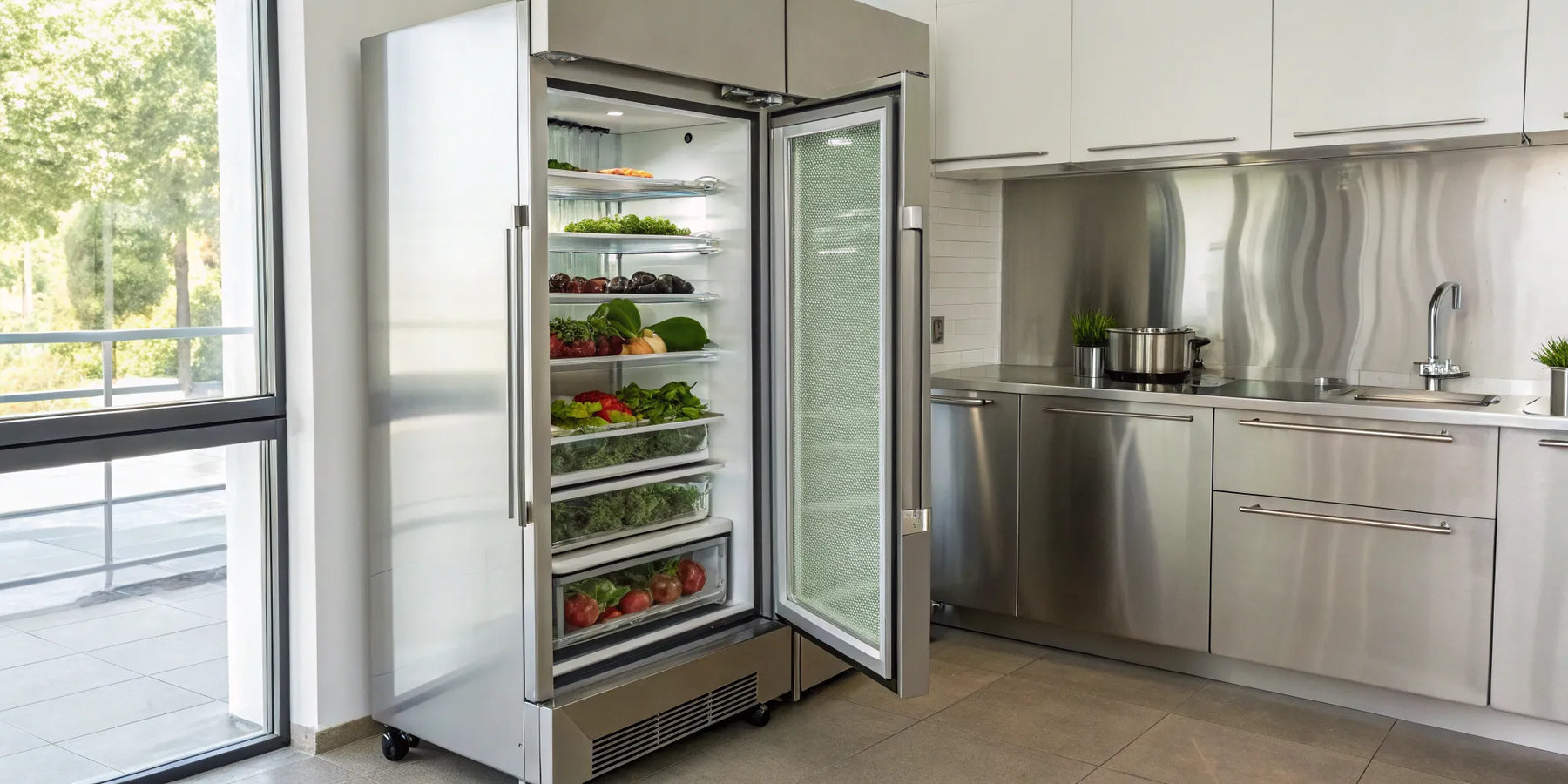A commercial refrigerator with correct dimensions and clearance in a professional kitchen.