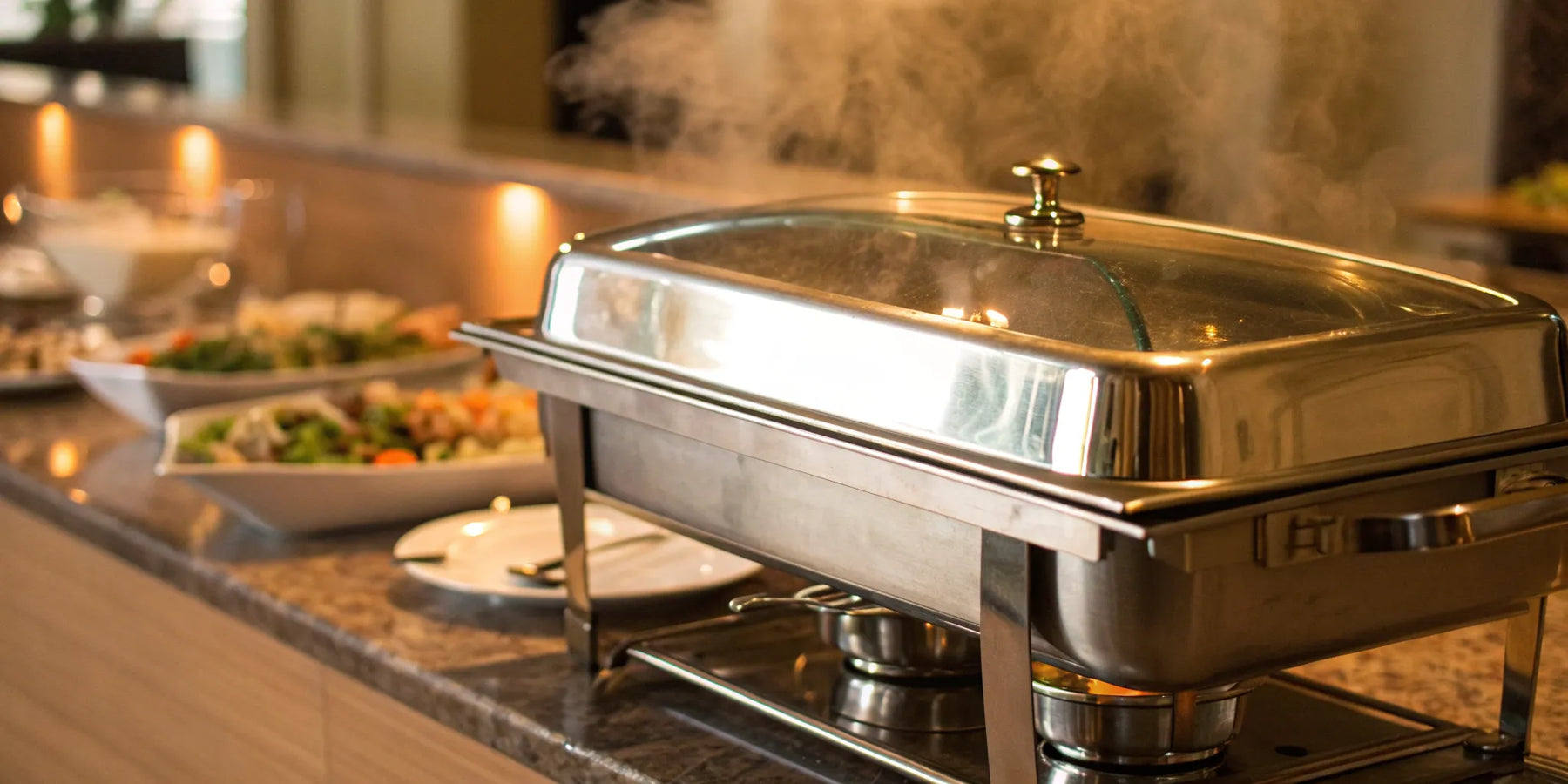 A countertop propane food warmer uses steam to keep buffet food hot.