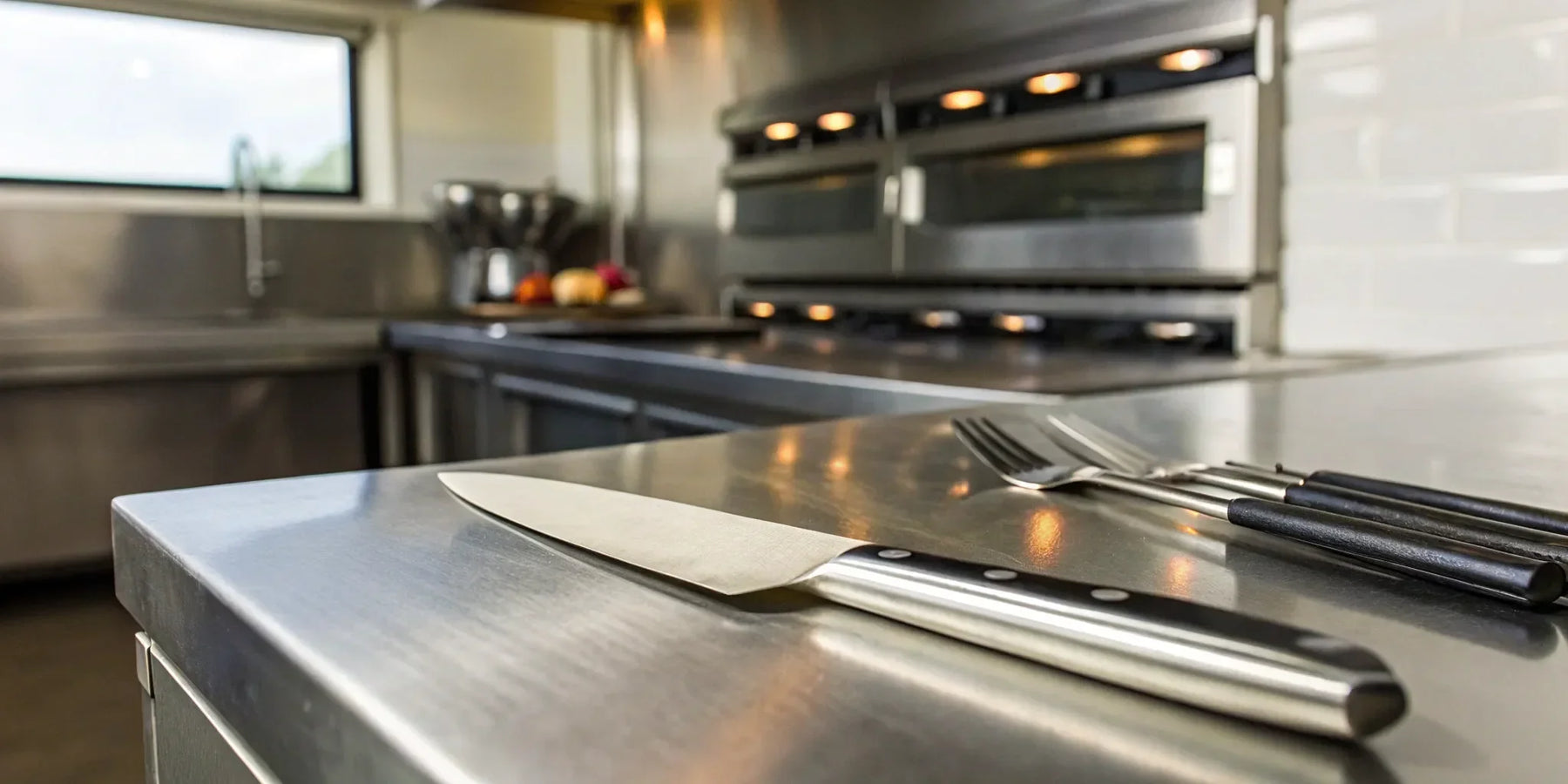 Stainless steel prep table and utensils at a restaurant supply in Albuquerque.