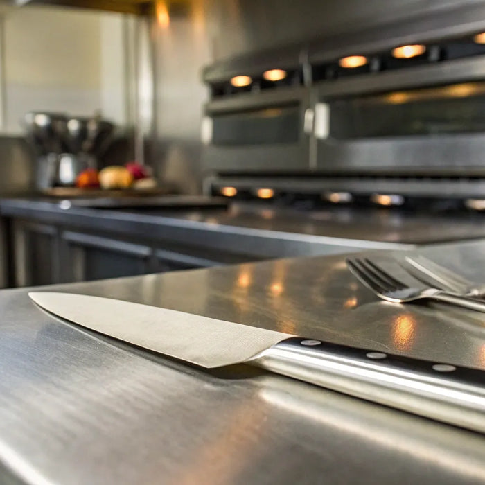 Stainless steel prep table and utensils at a restaurant supply in Albuquerque.