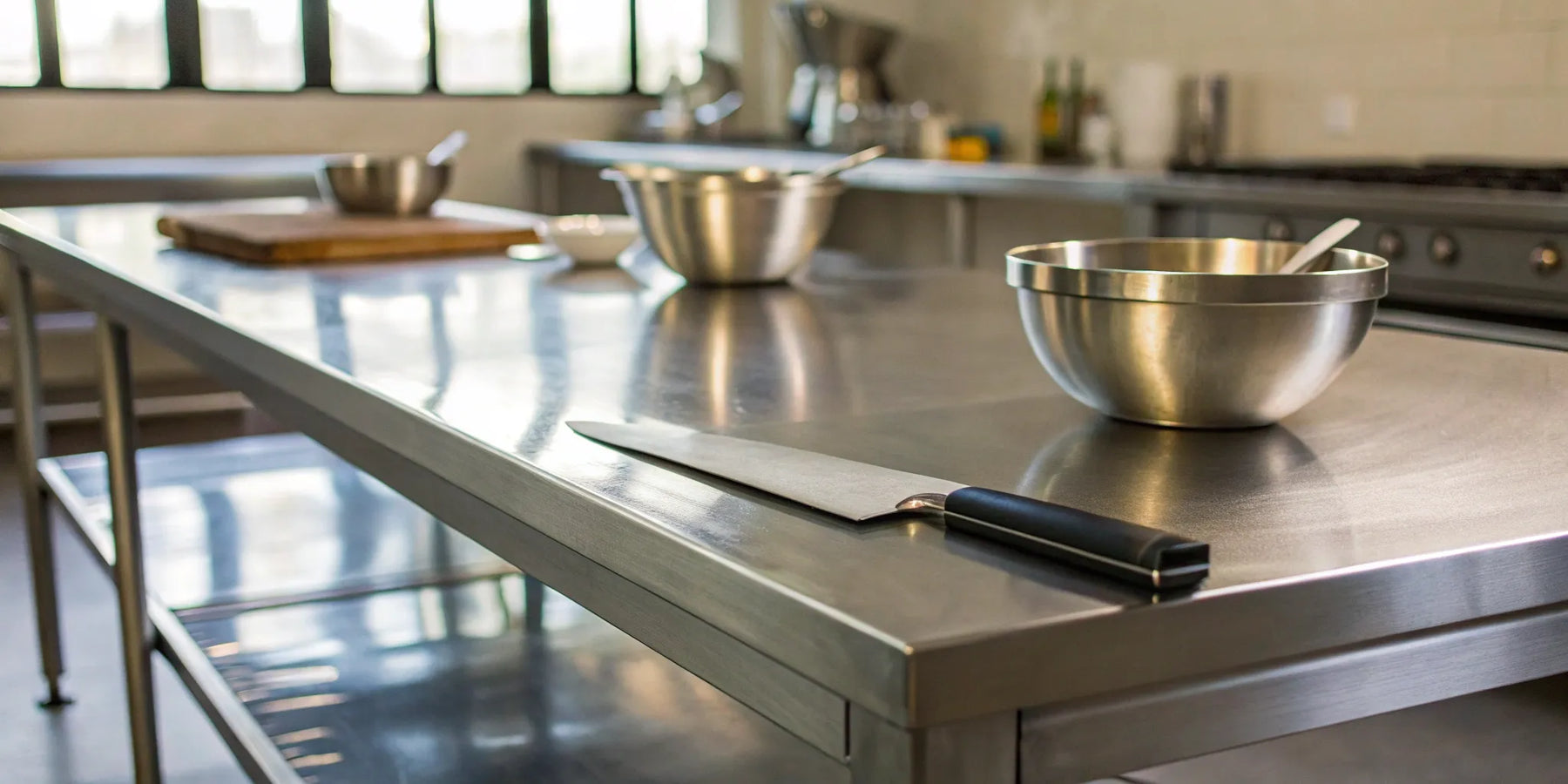Durable stainless steel table for commercial kitchens.