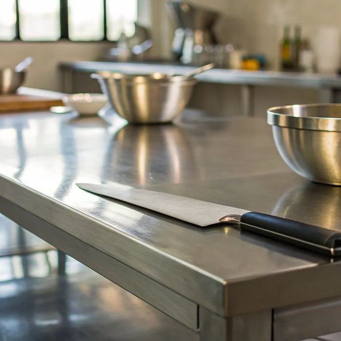 Durable stainless steel table for commercial kitchens.