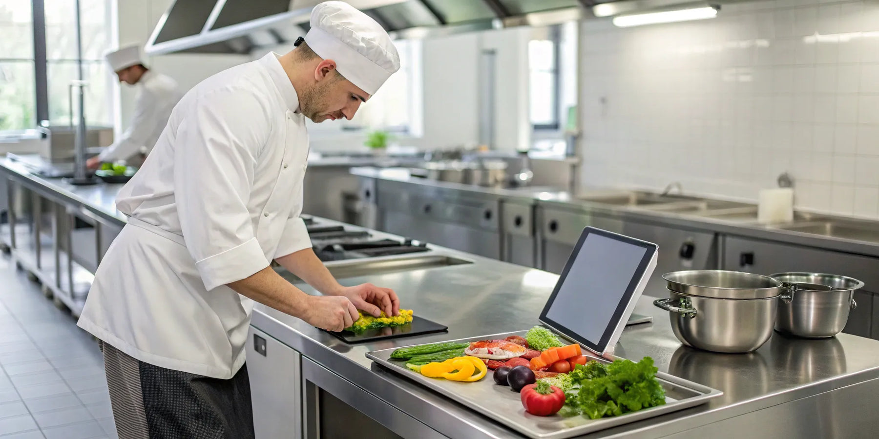 Chef preps ingredients in a modern ghost kitchen.