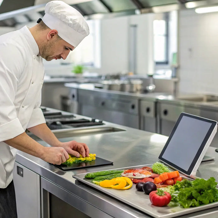 Chef preps ingredients in a modern ghost kitchen.