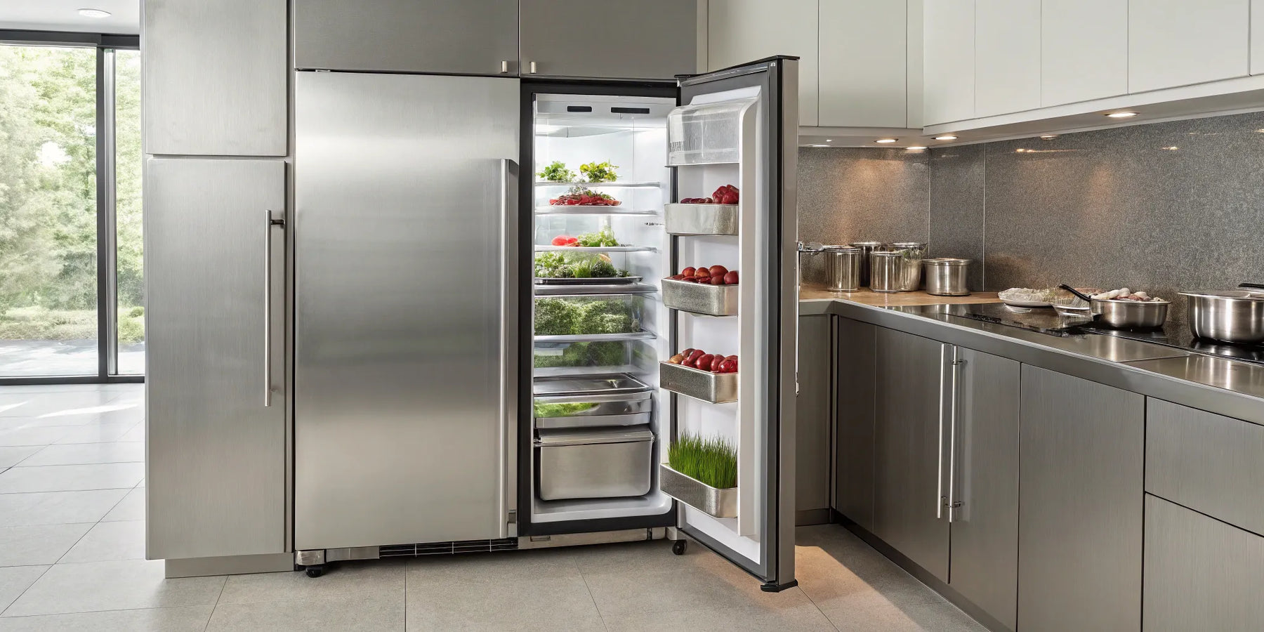 Open stainless steel 2-door true freezer.