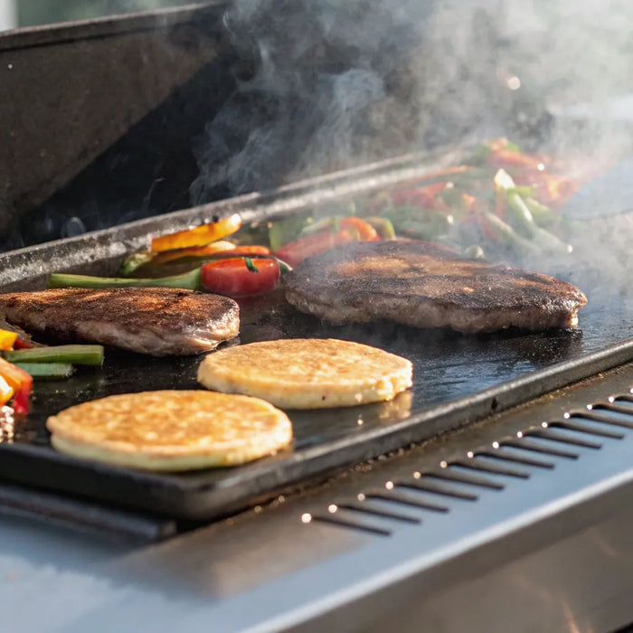 Flat griddle for a gas grill cooking burgers, pancakes, and vegetables.