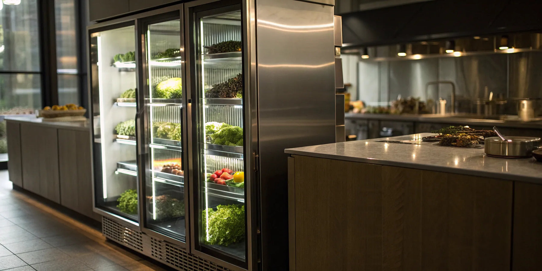 Commercial glass door coolers with LED lighting displaying drinks and food.