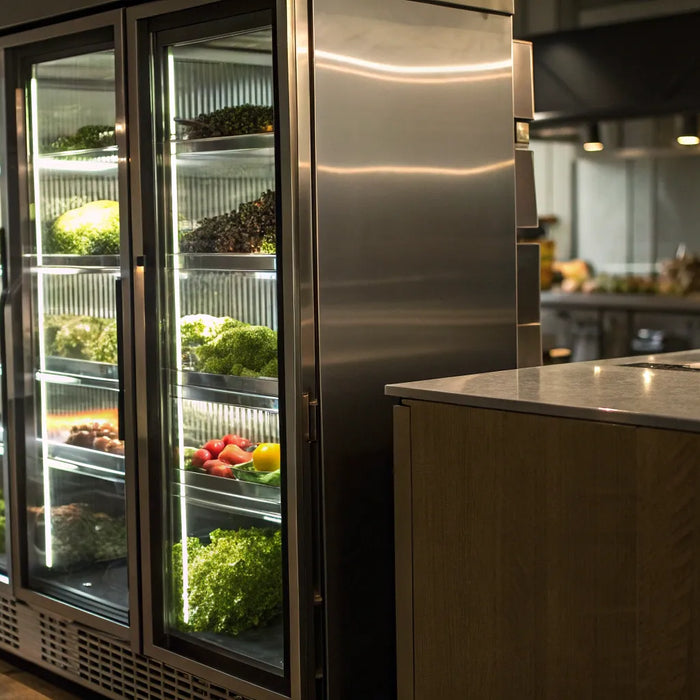 Commercial glass door coolers with LED lighting displaying drinks and food.