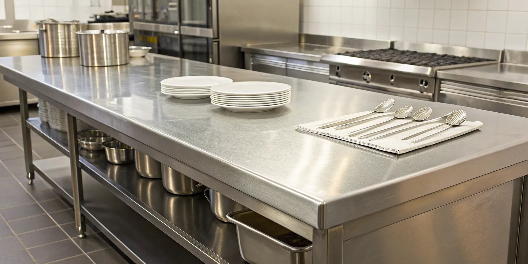 Organized stainless steel prep table in a commercial kitchen with bins and utensils.