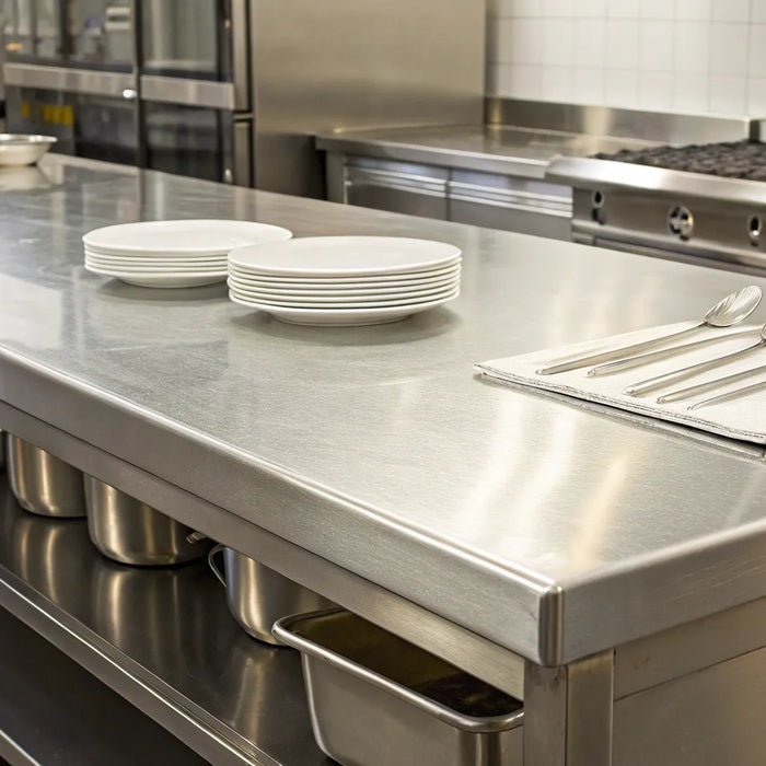 Organized stainless steel prep table in a commercial kitchen with bins and utensils.