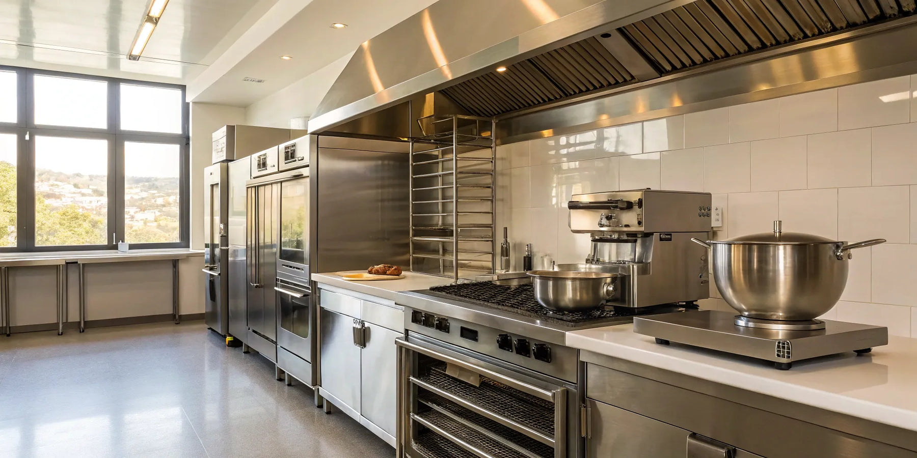 Restaurant equipment in a commercial kitchen.
