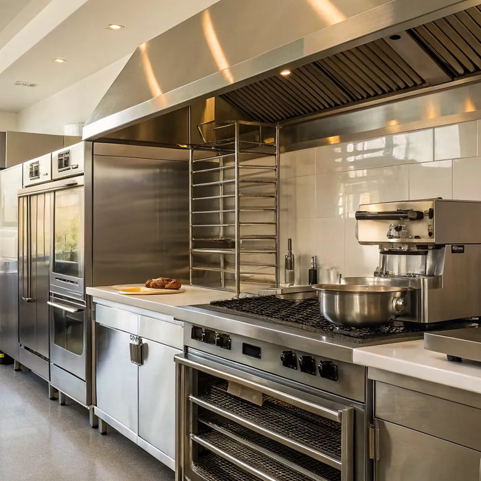 Restaurant equipment in a commercial kitchen.