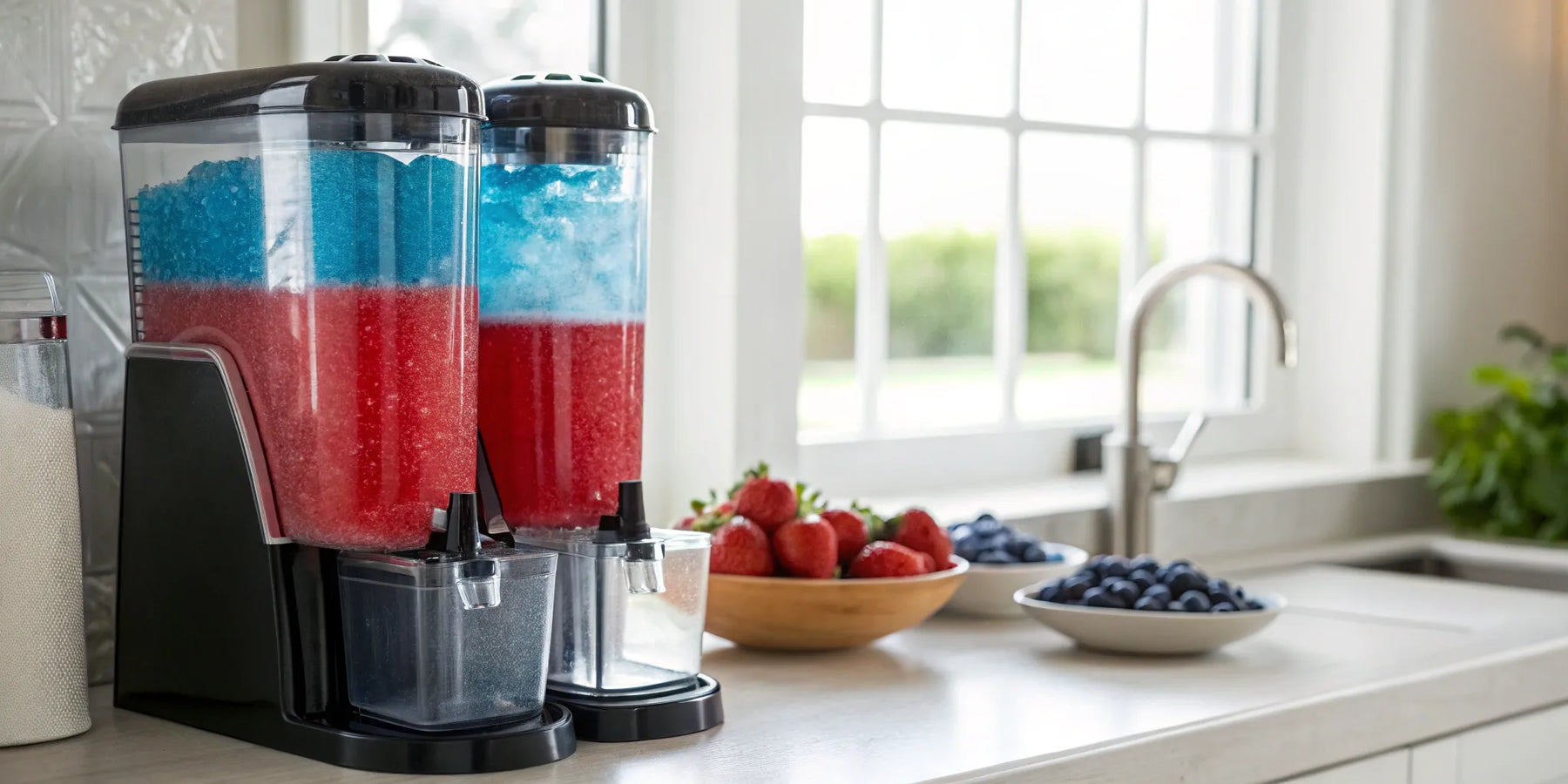 Red and blue slushies in a slushy machine.