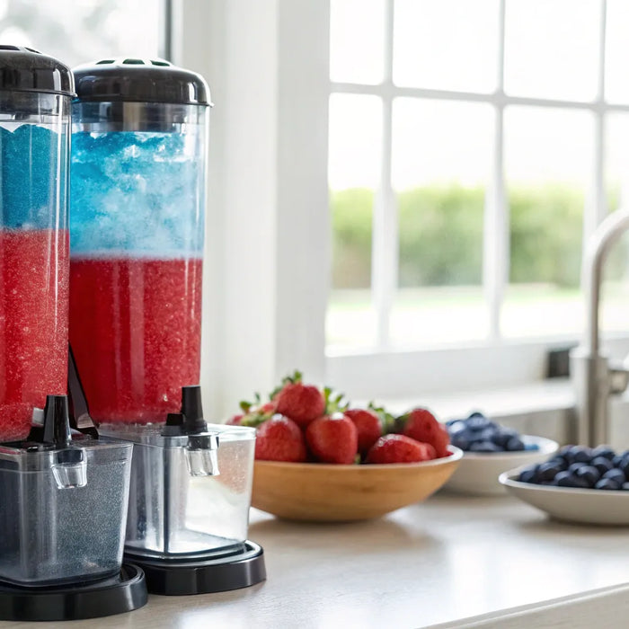 Red and blue slushies in a slushy machine.