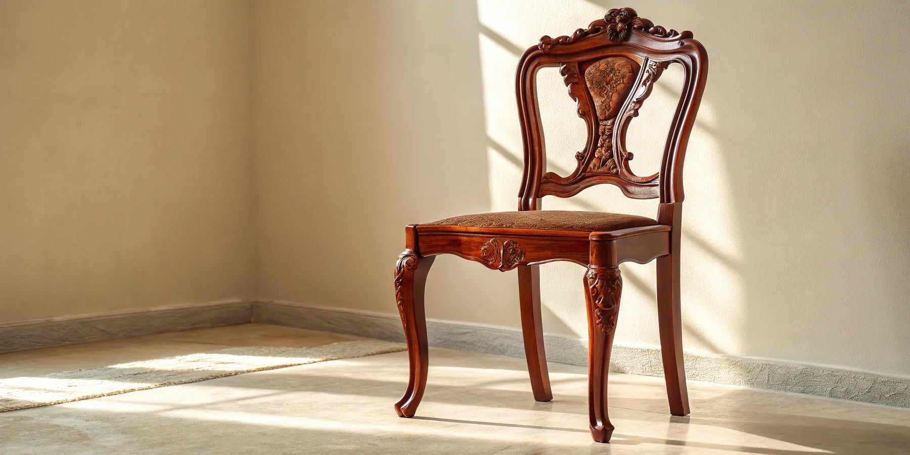 Classic cherry wood chair with ornate carved details and an upholstered seat.