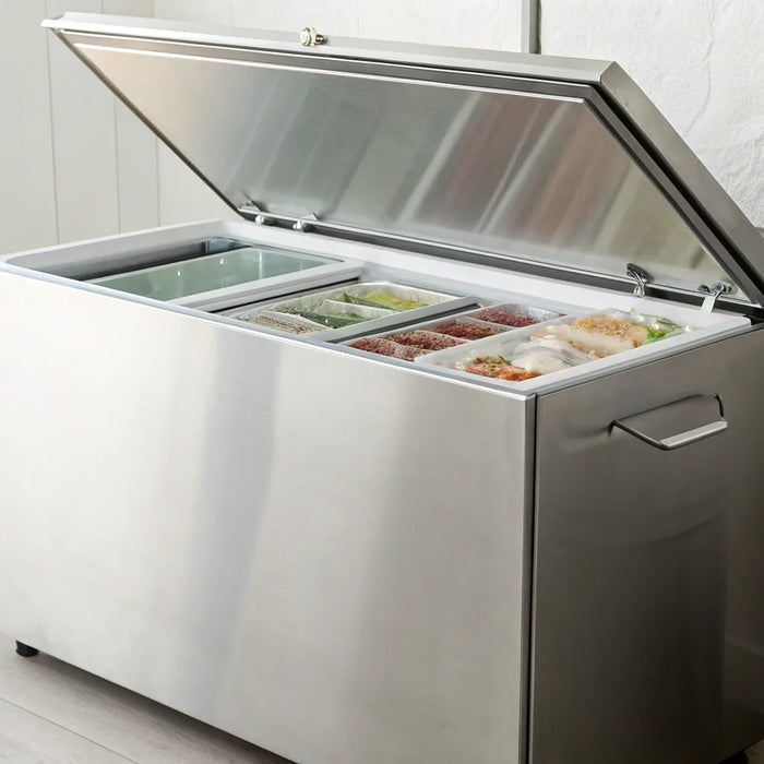 An open commercial chest deep freeze filled with organized frozen food.