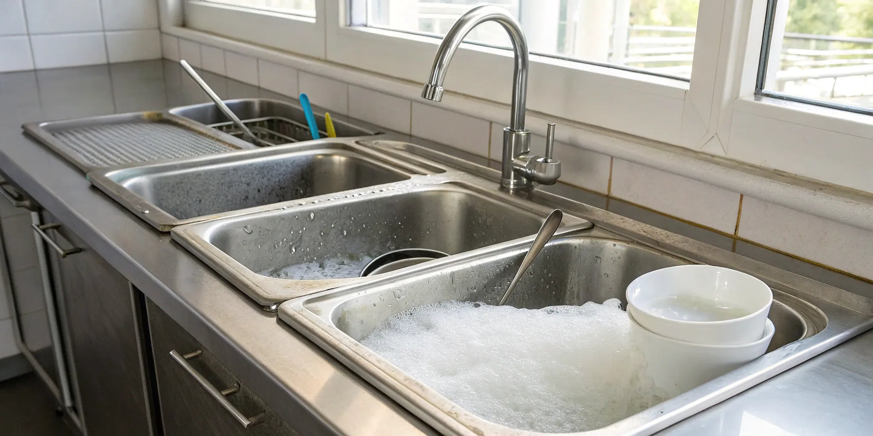 A three compartment sink set up in the correct wash, rinse, and sanitize order.