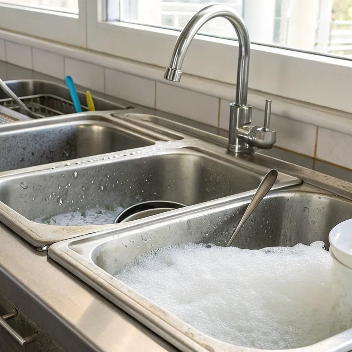 A three compartment sink set up in the correct wash, rinse, and sanitize order.