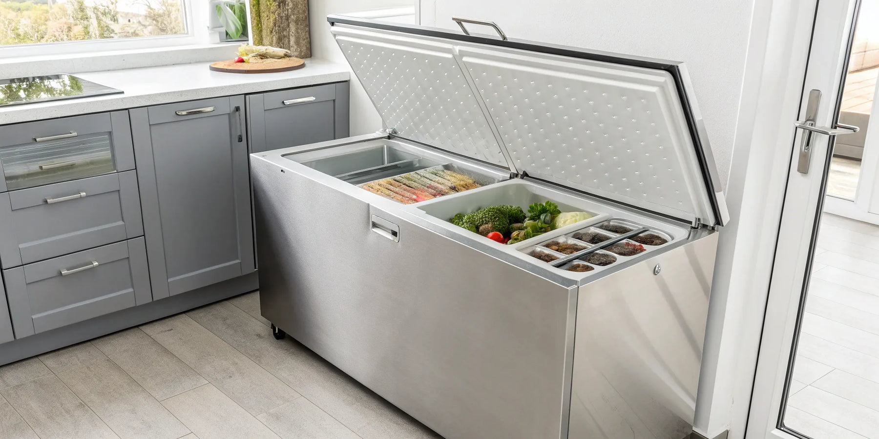 Open commercial chest freezer displaying organized frozen goods.
