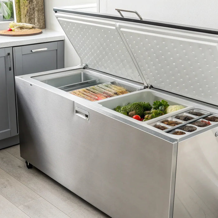 Open commercial chest freezer displaying organized frozen goods.