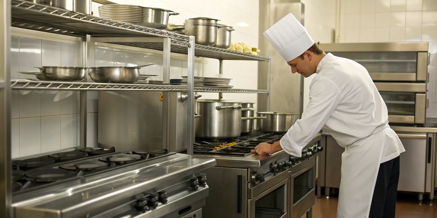 Restaurant warehouse chef using professional cooking equipment.