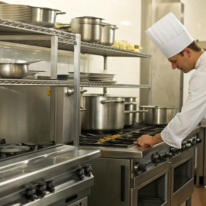 Restaurant warehouse chef using professional cooking equipment.