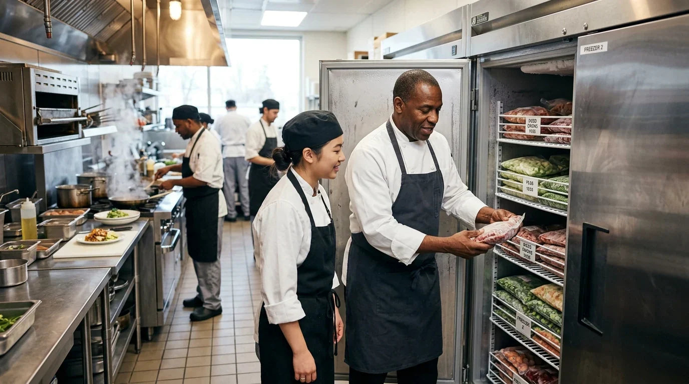 Professional chefs organizing a commercial reach-in freezer in a busy kitchen