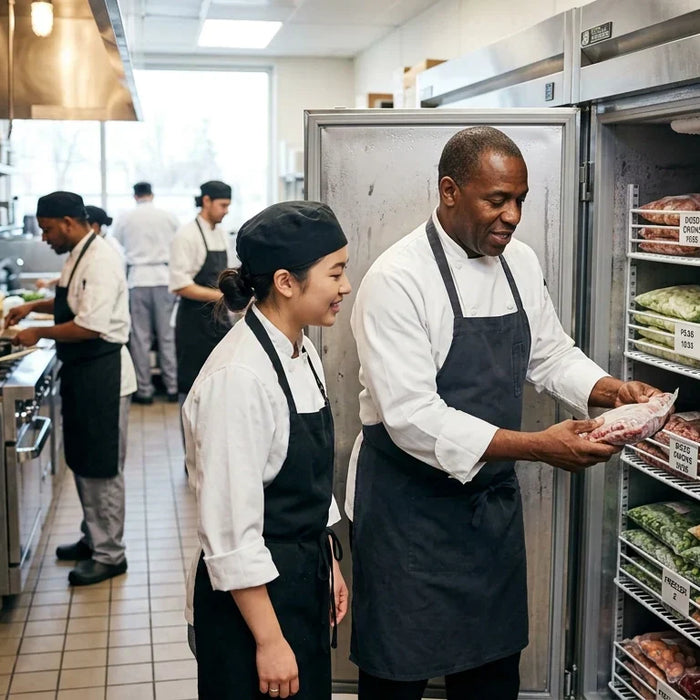 Professional chefs organizing a commercial reach-in freezer in a busy kitchen