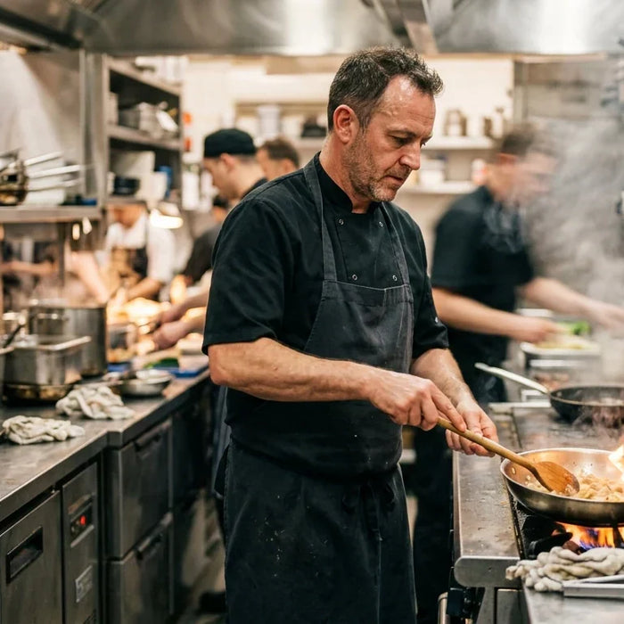Professional chef working with a fryer in a high-energy commercial kitchen