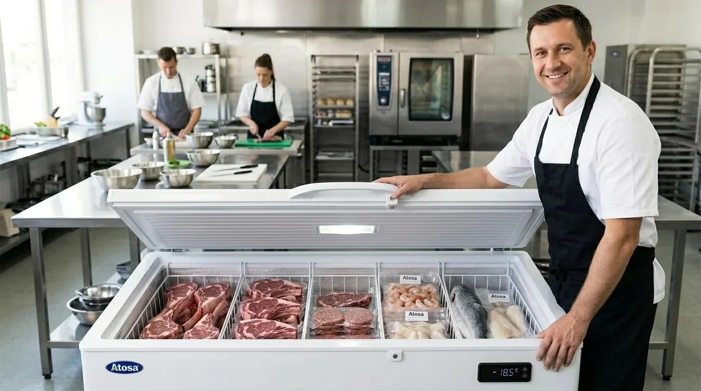 Chef in a white uniform standing beside a white 10 cu ft chest freezer in a professional kitchen