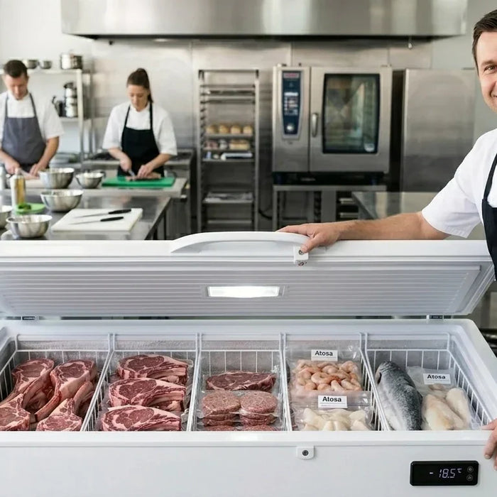 Chef in a white uniform standing beside a white 10 cu ft chest freezer in a professional kitchen