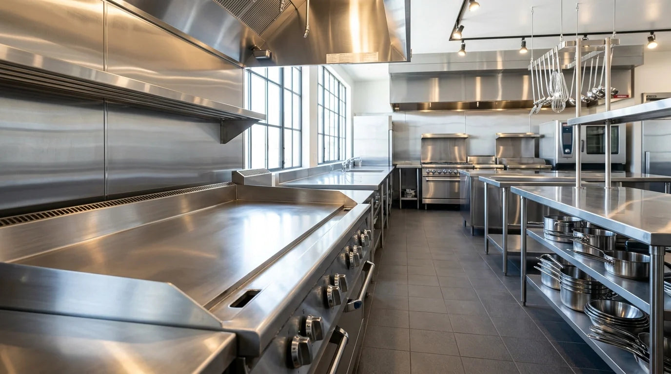 Professional shot of a spotless commercial kitchen with a sparkling stainless steel griddle.
