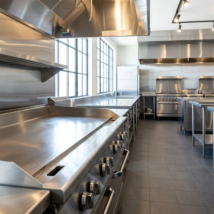 Professional shot of a spotless commercial kitchen with a sparkling stainless steel griddle.