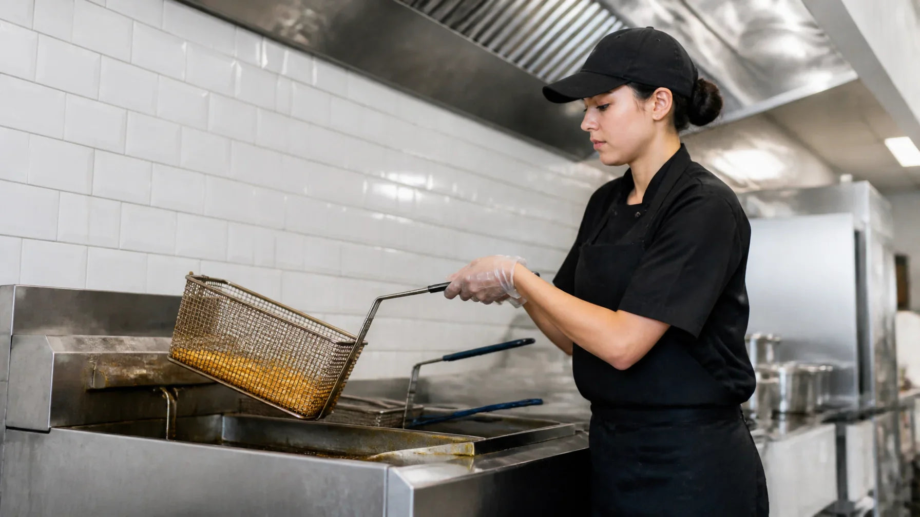 A professional kitchen worker carefully using a stainless steel commercial deep fryer in a fast-casual restaurant setting.