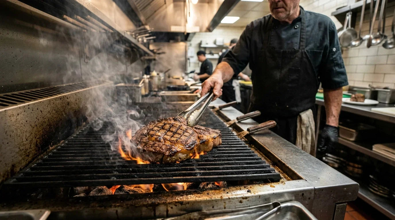 Thick steak with grill marks cooking on a commercial charbroiler in a real restaurant kitchen