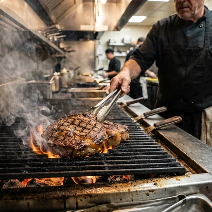 Thick steak with grill marks cooking on a commercial charbroiler in a real restaurant kitchen