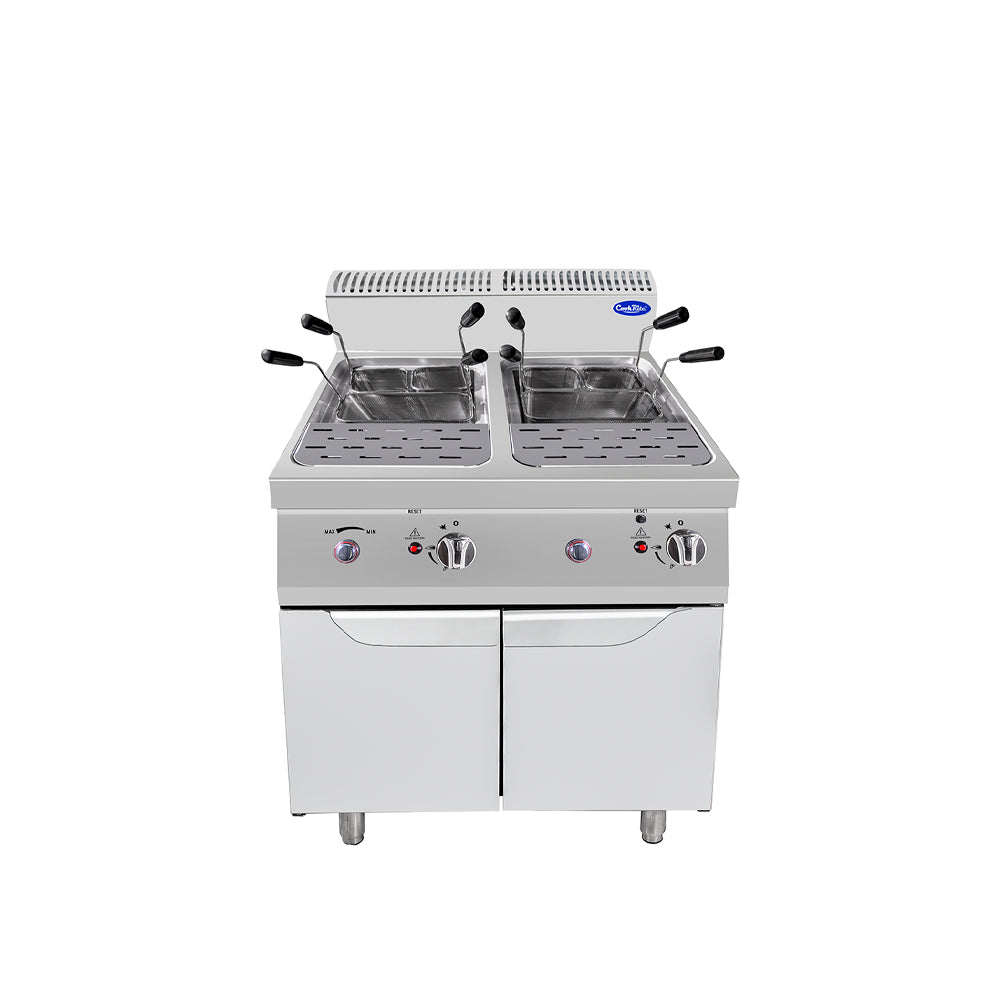 Atosa CookRite PCG18 double tank gas pasta cooker with two stainless steel tanks, pasta baskets, and two-door cabinet base