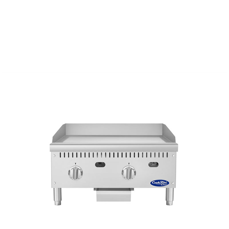 Atosa CookRite ATG-2424-S 24 inch thermostatic polished steel gas griddle with stainless steel splashes and grease drawer
